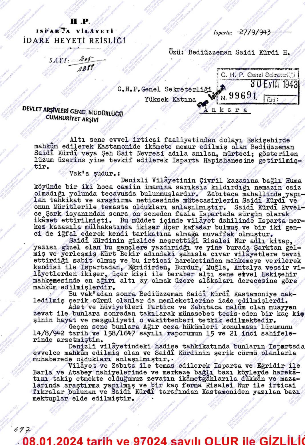 Cumhuriyet arşivlerinde yeni çıkan belgeler: CHP içinde Said Nursi yazışmaları 11