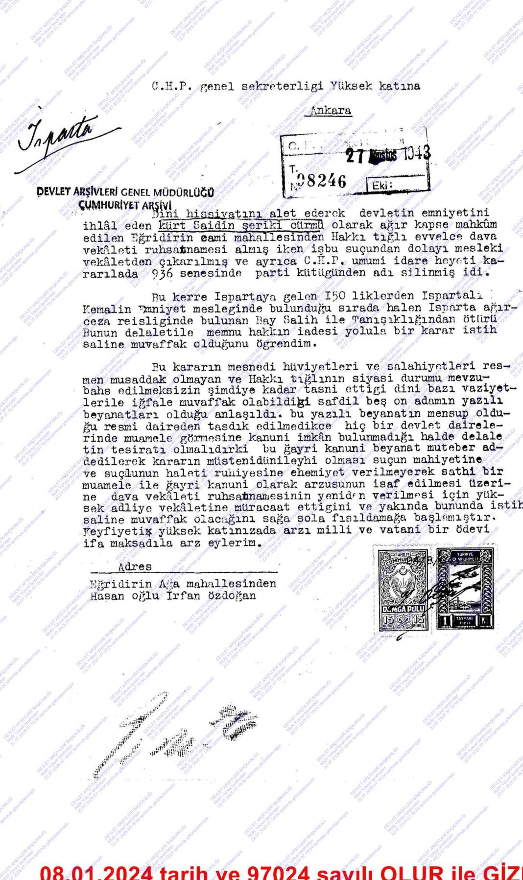 Cumhuriyet arşivlerinde yeni çıkan belgeler: CHP içinde Said Nursi yazışmaları 12