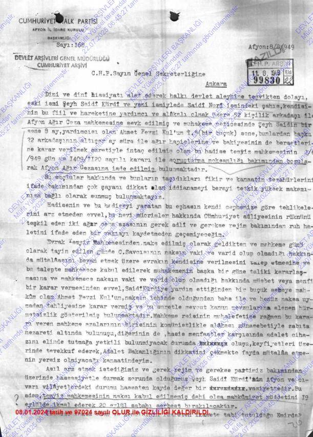 Cumhuriyet arşivlerinde yeni çıkan belgeler: CHP içinde Said Nursi yazışmaları 3
