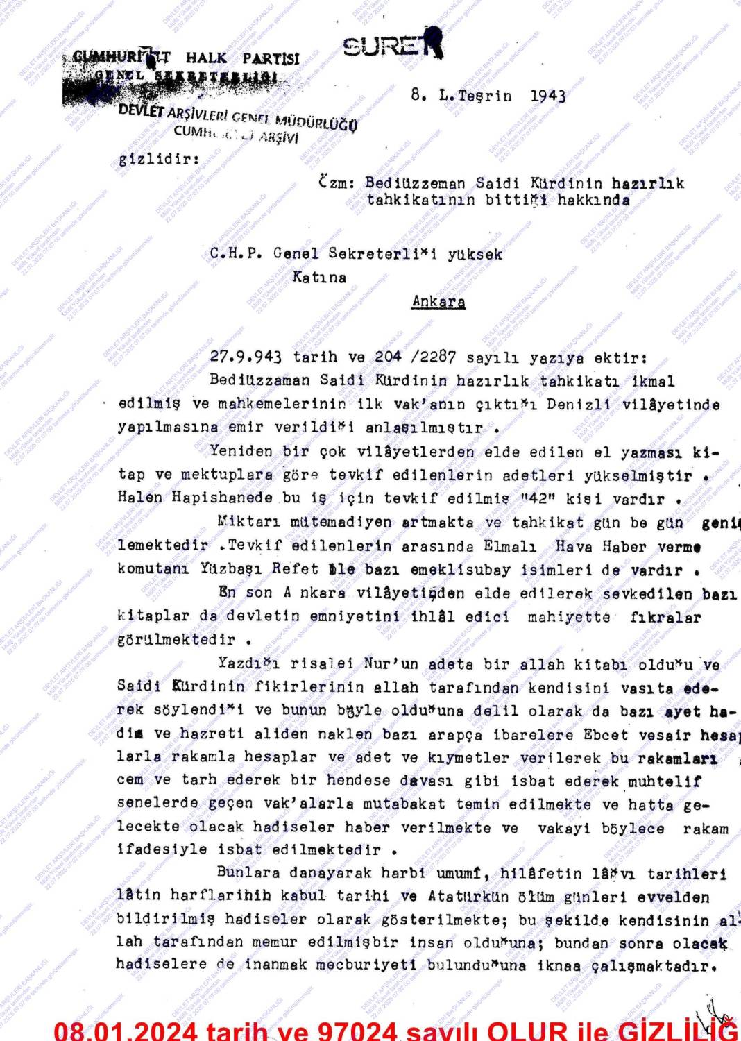 Cumhuriyet arşivlerinde yeni çıkan belgeler: CHP içinde Said Nursi yazışmaları 5