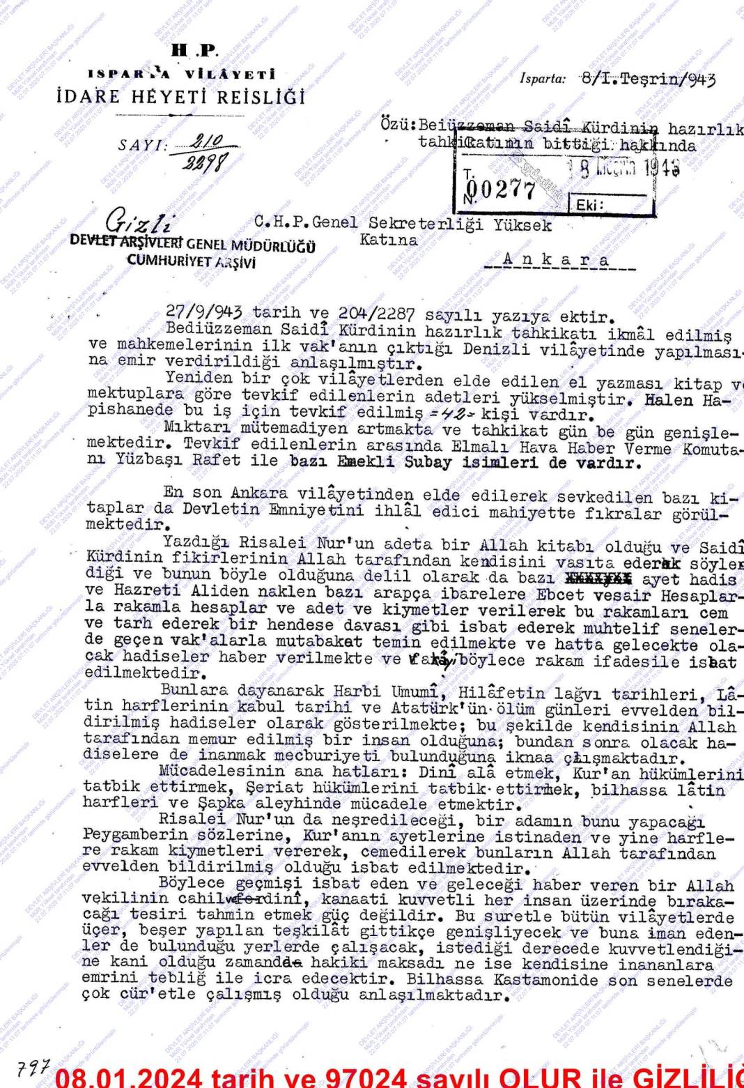 Cumhuriyet arşivlerinde yeni çıkan belgeler: CHP içinde Said Nursi yazışmaları 7