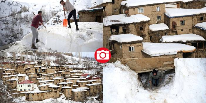 Hizan'ın asırlık taş evlerin damındaki karlar imece usulüyle temizleniyor