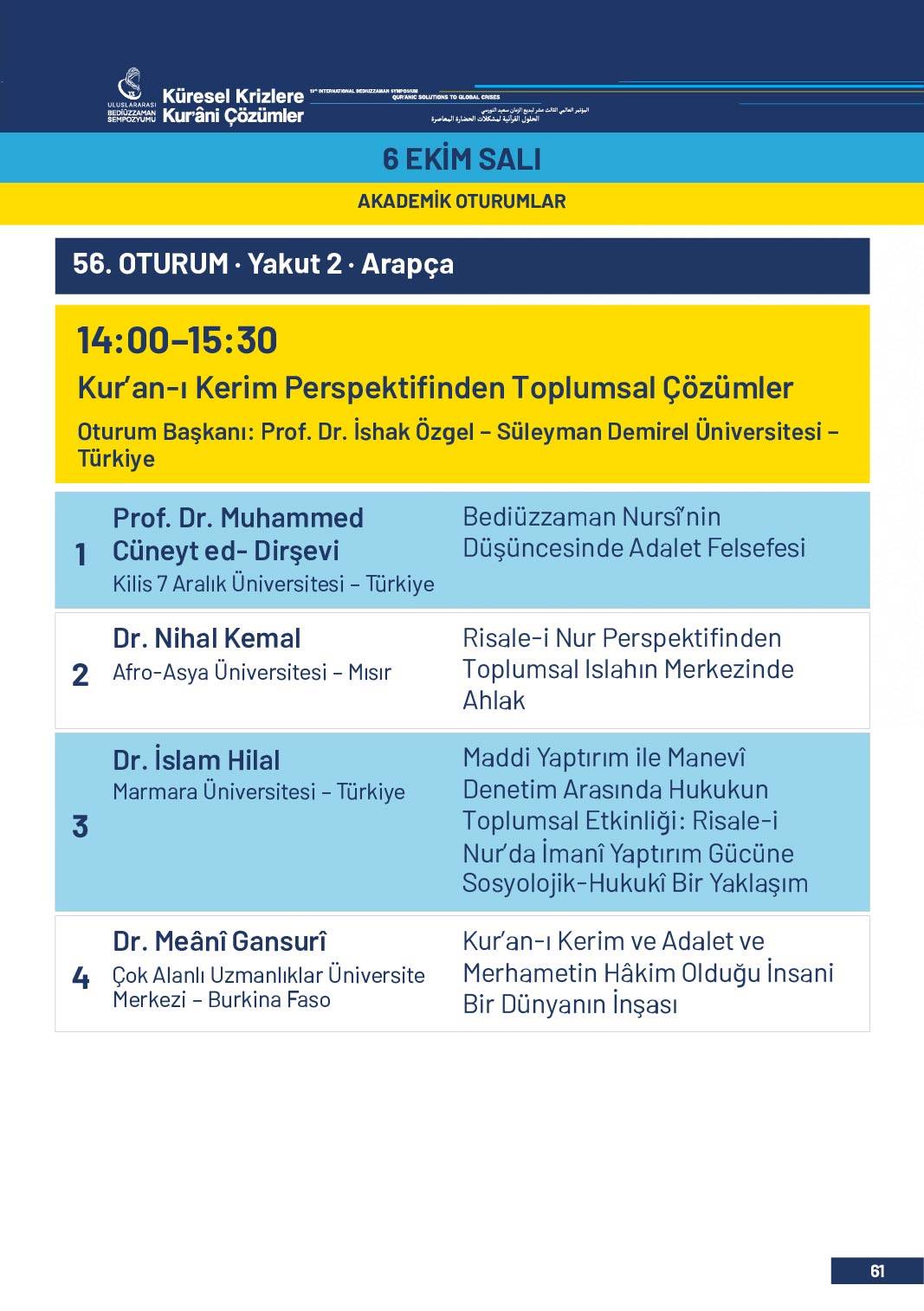 13. Uluslararası Bediüzzaman Sempozyumu Programı 58