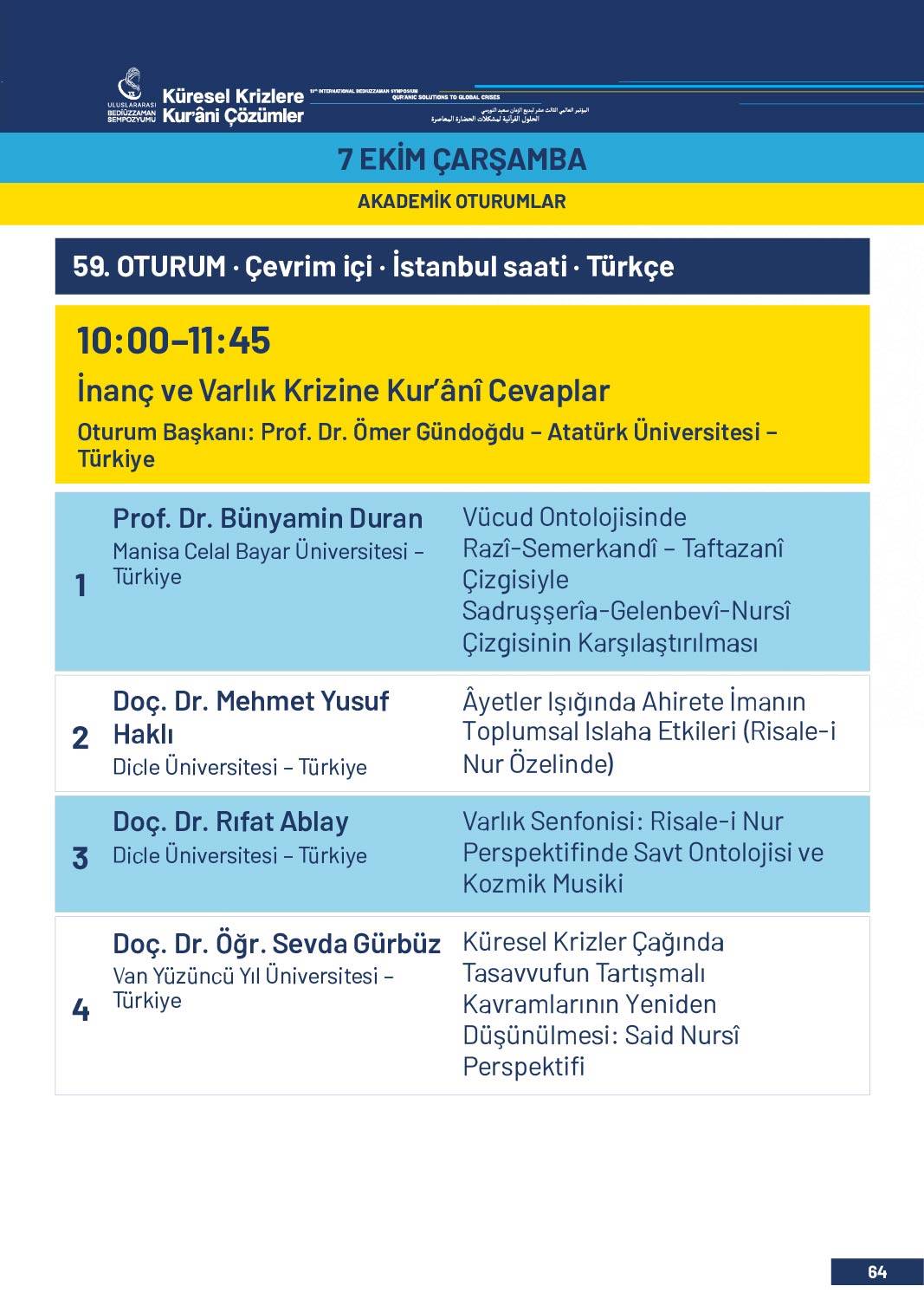 13. Uluslararası Bediüzzaman Sempozyumu Programı 61