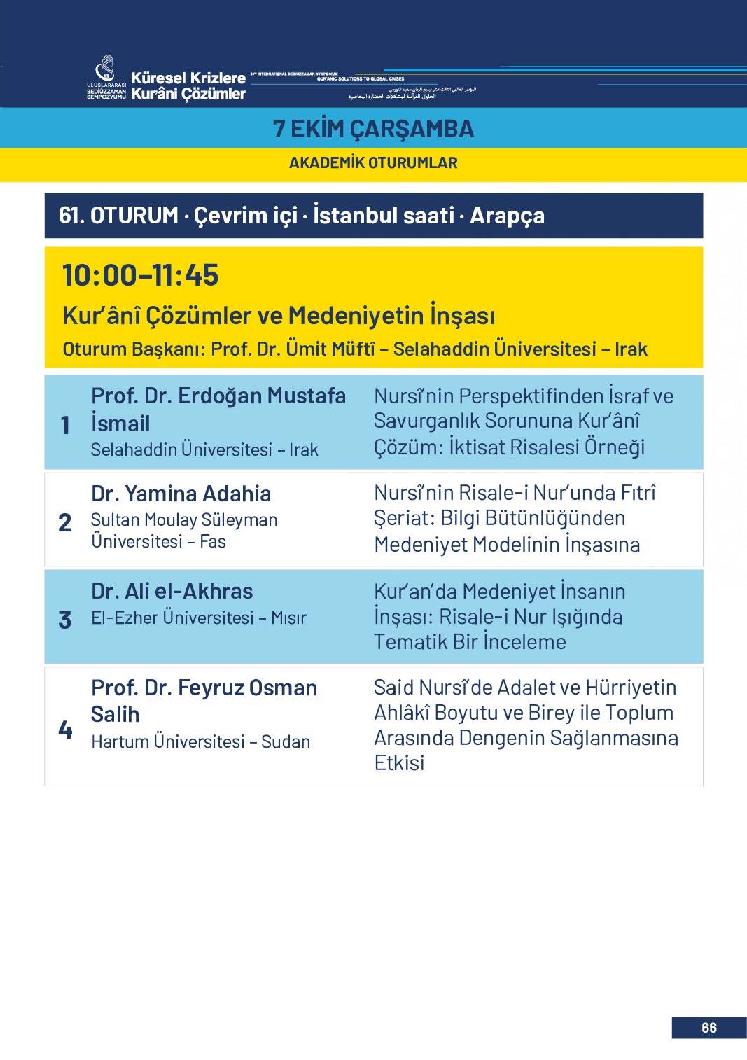 13. Uluslararası Bediüzzaman Sempozyumu Programı 63