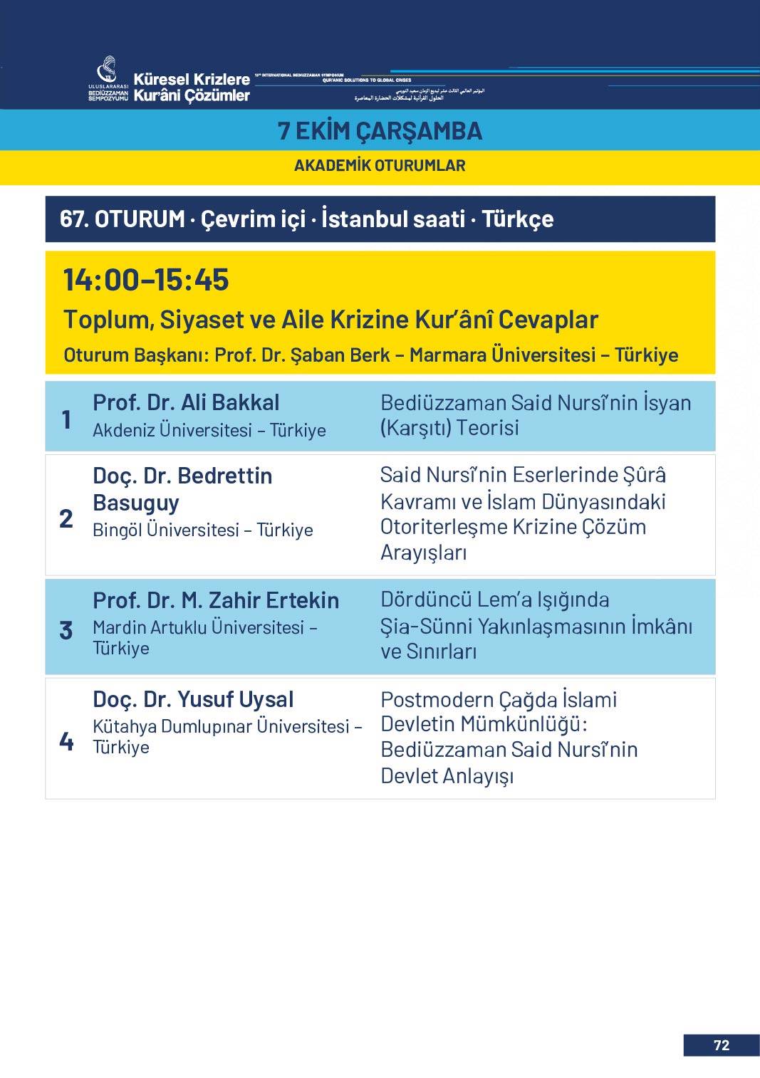 13. Uluslararası Bediüzzaman Sempozyumu Programı 69