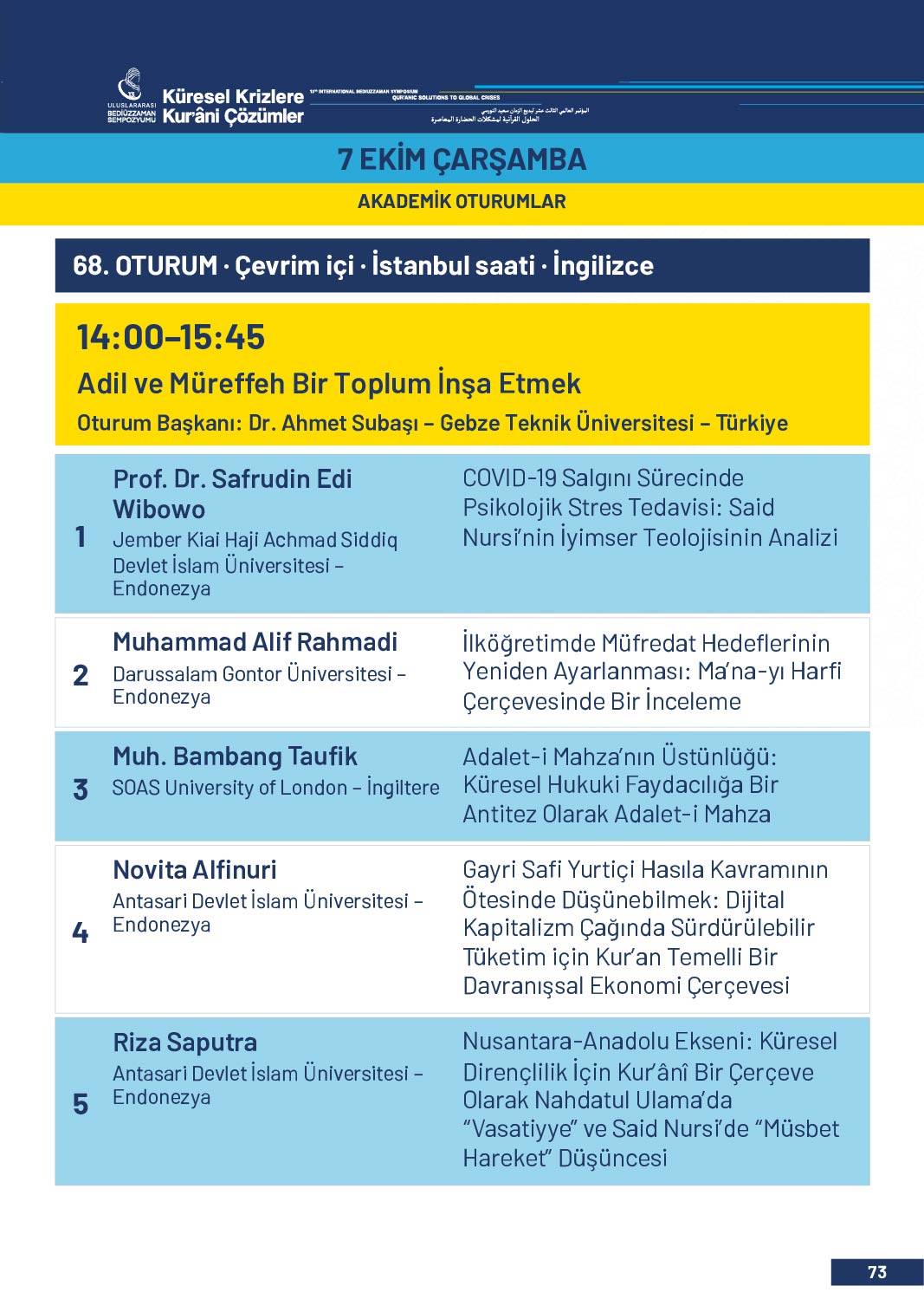 13. Uluslararası Bediüzzaman Sempozyumu Programı 70