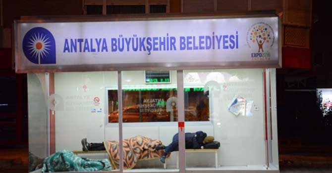 Soğukta dışarıda kalan evsizler duraklara sığındı