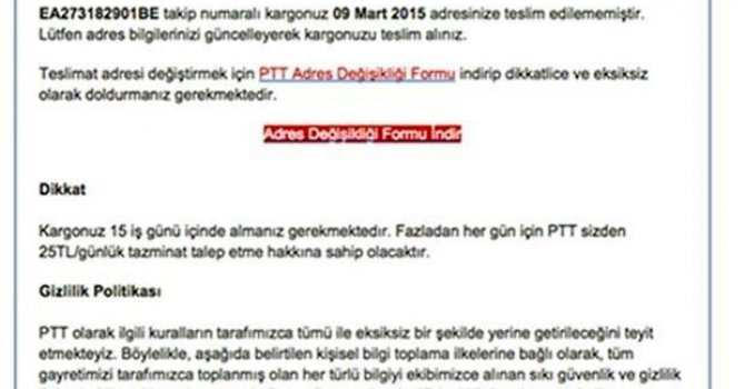 PTT adına gelen bu maile dikkat!