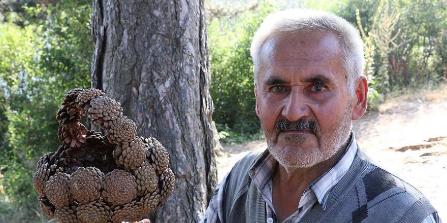 Çam kozalaklarını sepete dönüştürüyor