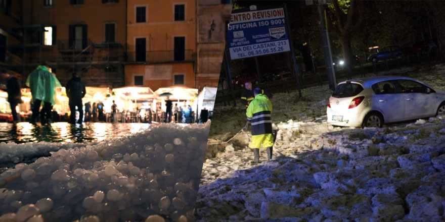 Roma'da dolu yağdı yollar buz kütlesi ile doldu