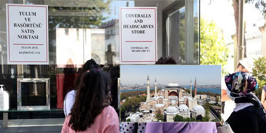 Ayasofya Camii önünde başörtüsü giyme standı kuruldu