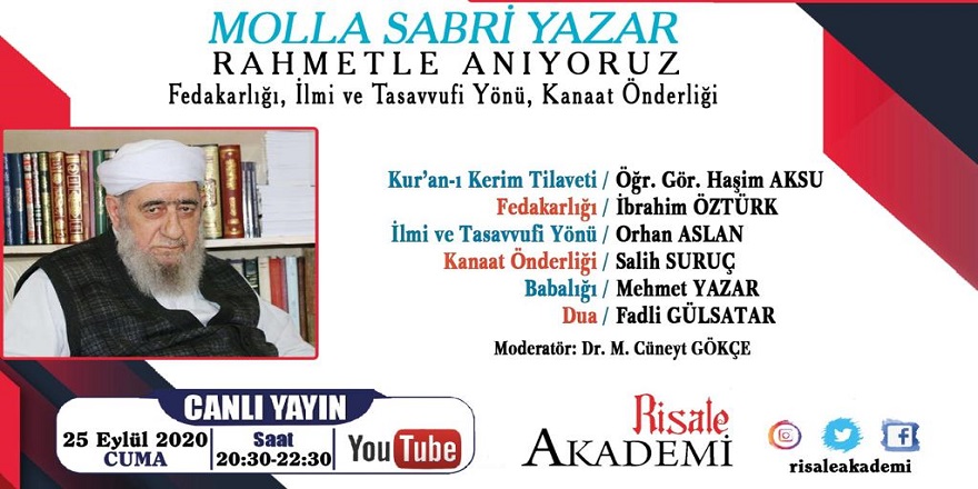 Molla Sabri Yazar hoca anma programı canlı yayınlanacak