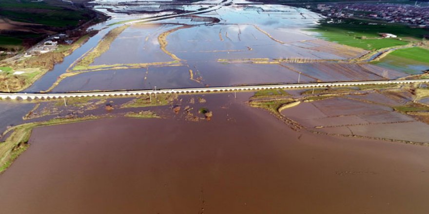 Kirli akan Ergene Nehri taştı, tarım arazileri su altında kaldı