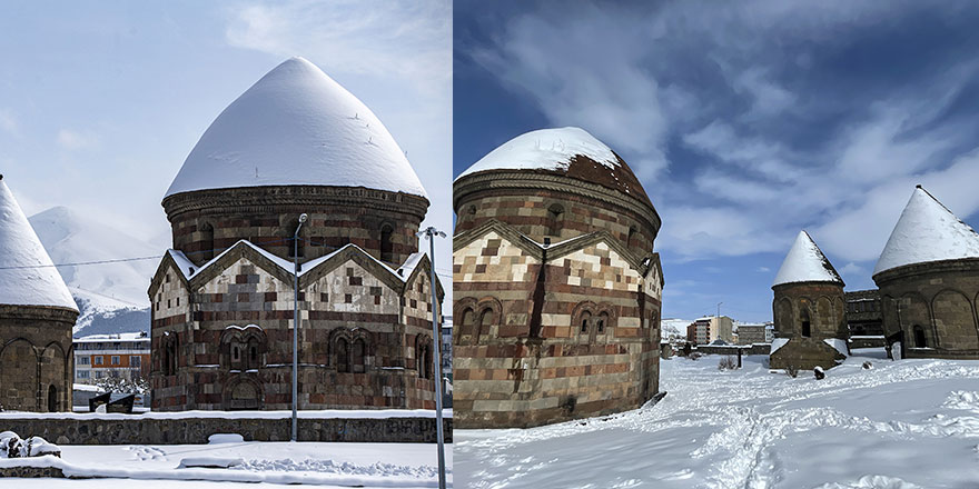 Erzurum'un tarihi mekanları beyaza büründü