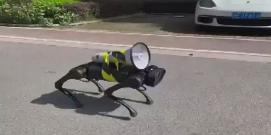 Megafonla anons yapan robot köpek