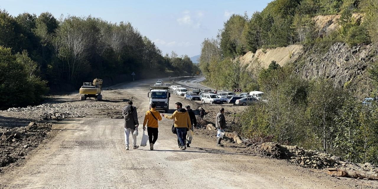 Orman yolunda ilginç kuyruk! Kimileri yemek için kimileri satmak için bekliyor