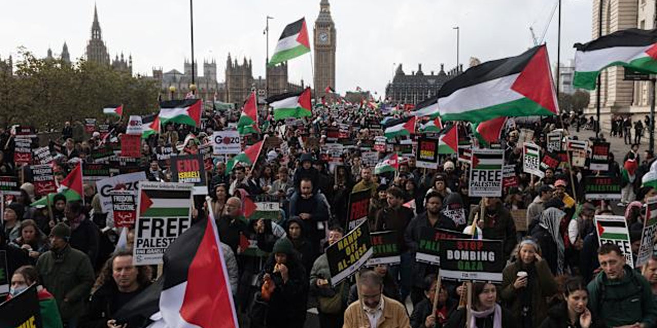 İngiltere'de on binlerce kişi Filistin'e destek için yürüdü