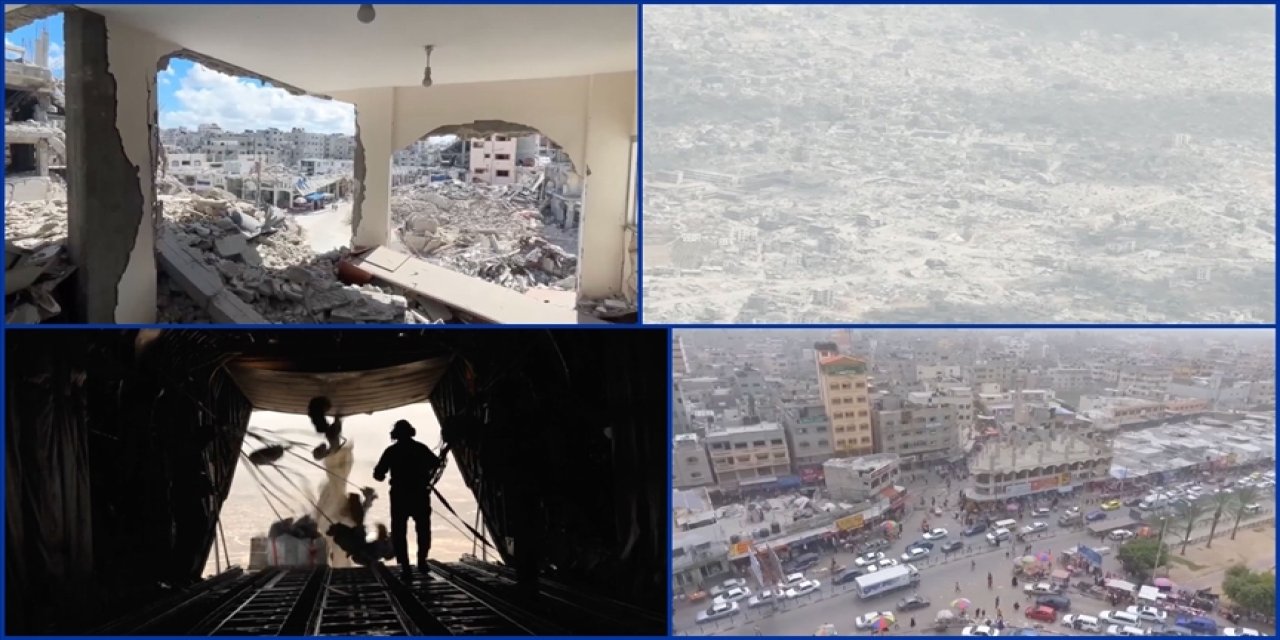 Yardım atılan uçaktan çekilen görüntü Gazze'deki yıkımı gözler önüne seriyor