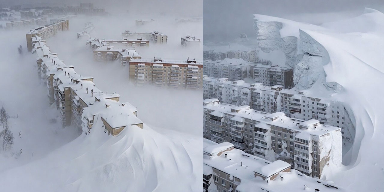 Rusya'nın şehrinde bazı bina ve araçlar kar altında kaldı