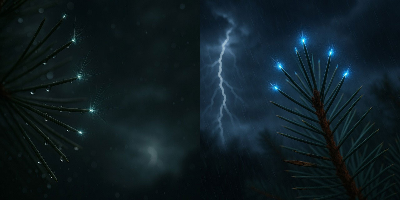 Gök gürültülü fırtınalarda ağaç yapraklarının uçları mavi ışık gibi parlıyor!